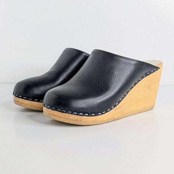Maguba Clogs Wedge Heels 37 Black Leather Wood Platform Scandinavian Boho - Picture 11 of 12